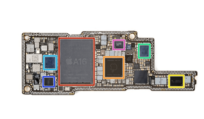 Разобранный Apple 14pro max Внутренние компоненты: желтый Apple 338S00839-B0 ИС управления питанием