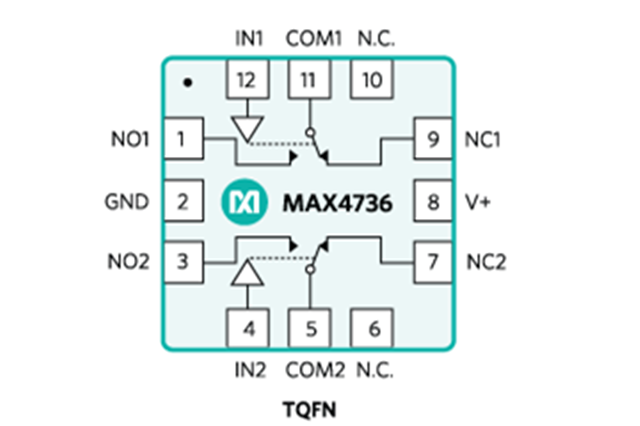 MAX4736ETC: низковольтный, одноканальный, двухканальный аналоговый выключатель SPDT